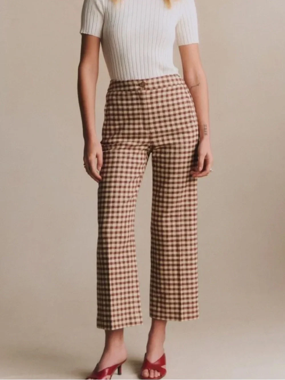 Sezane Brown and Cream Gingham Martin trousers - Picture 4 of 7